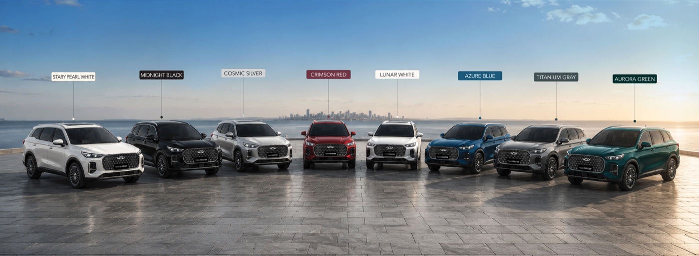 Chery Tiggo 9 PHEV shown in eight available colors